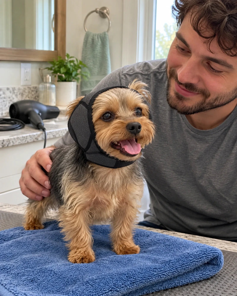 Perro pequeño con orejeras junto a su dueño después del baño