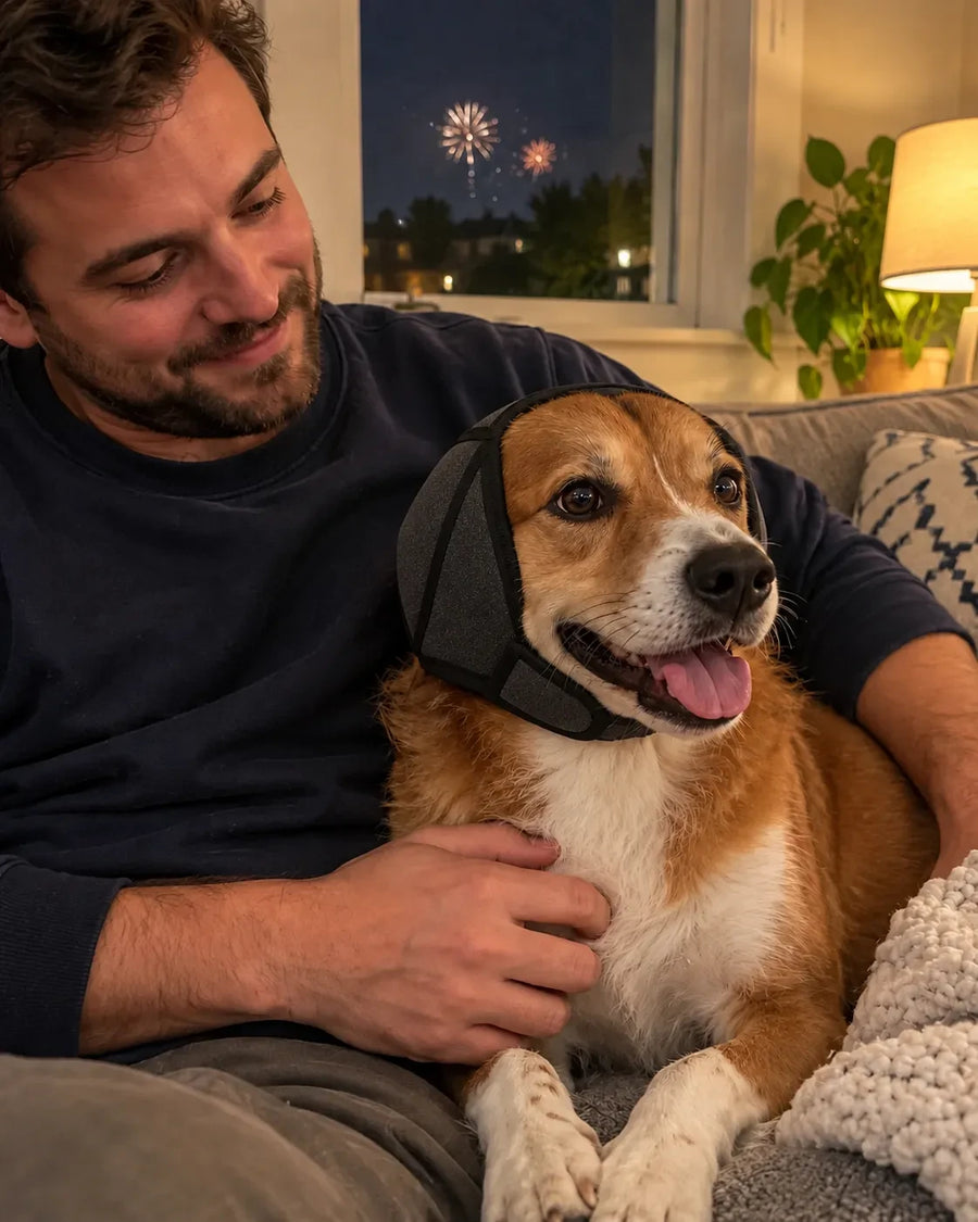 Perro con orejeras junto a su dueño mientras hay fuegos artificiales afuera