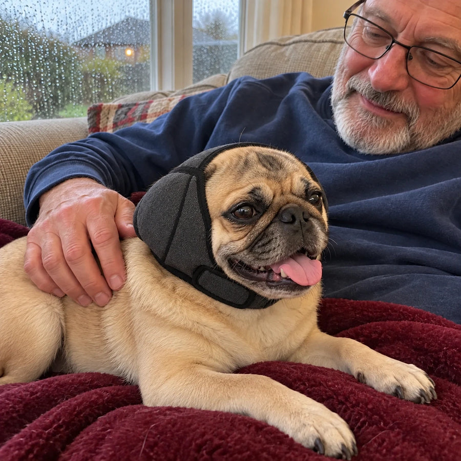 Pug con orejeras junto a su dueño mientras llueve afuera