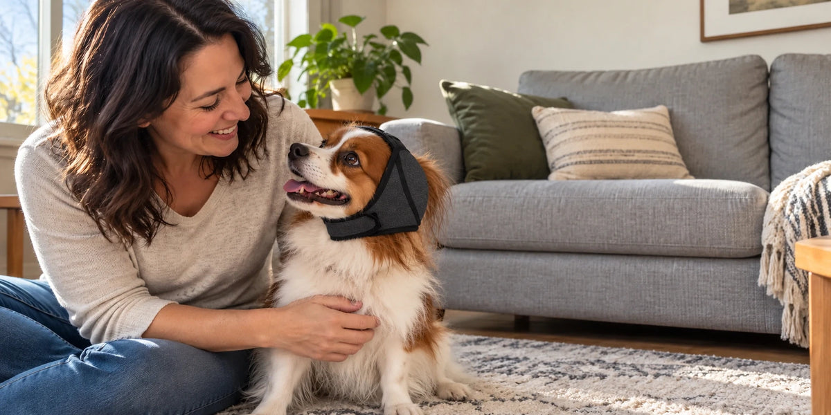 Dueña y su perro con orejeras compartiendo un momento tranquilo en casa