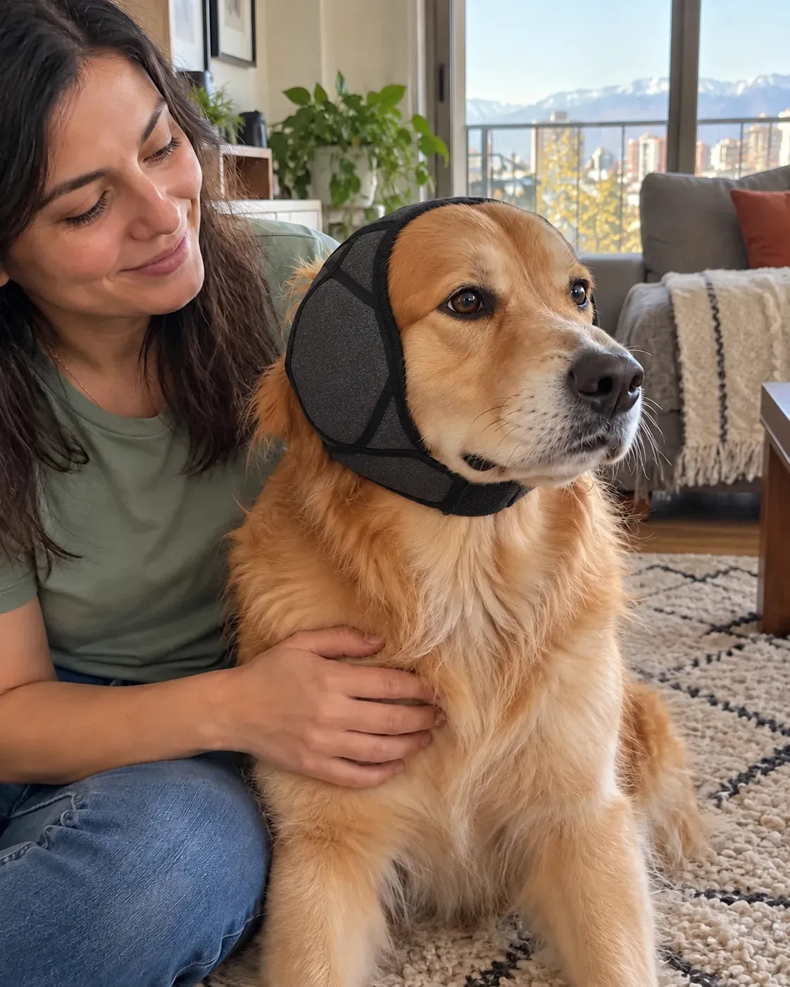 Golden retriever con orejeras CalmDoggy junto a su dueña