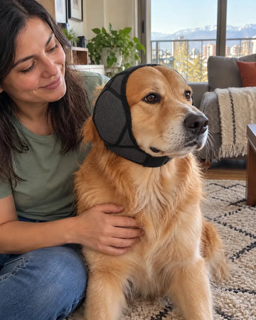 Golden retriever con orejeras CalmDoggy junto a su dueña