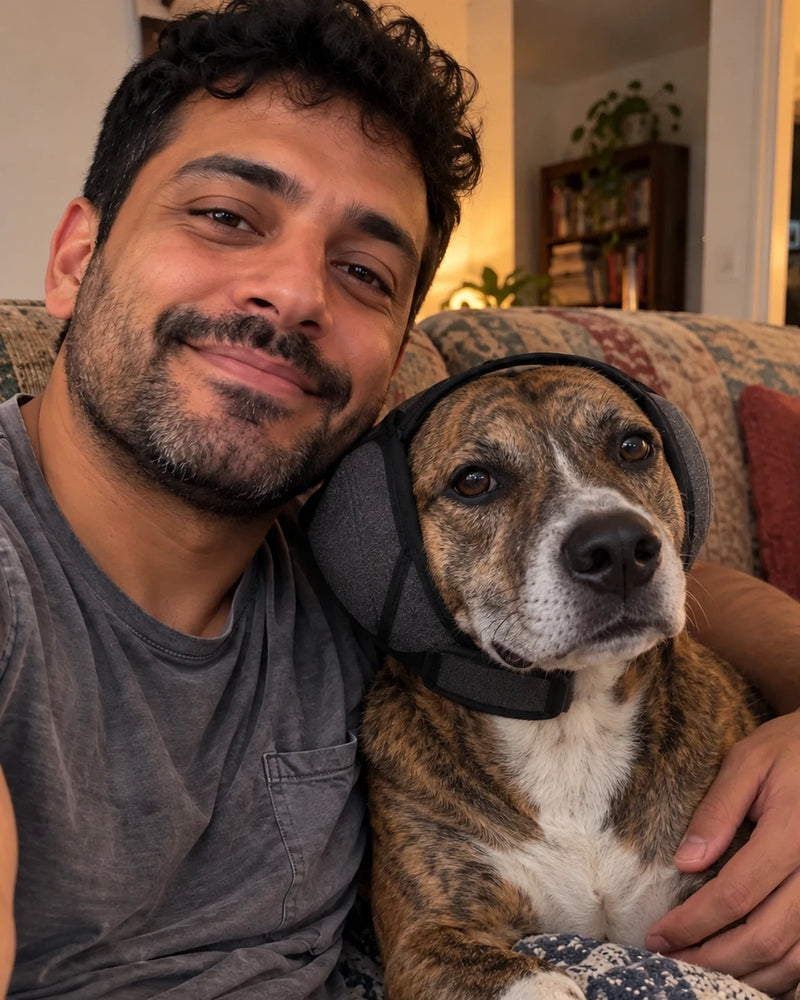 Selfie de un dueño con su perro usando orejeras CalmDoggy