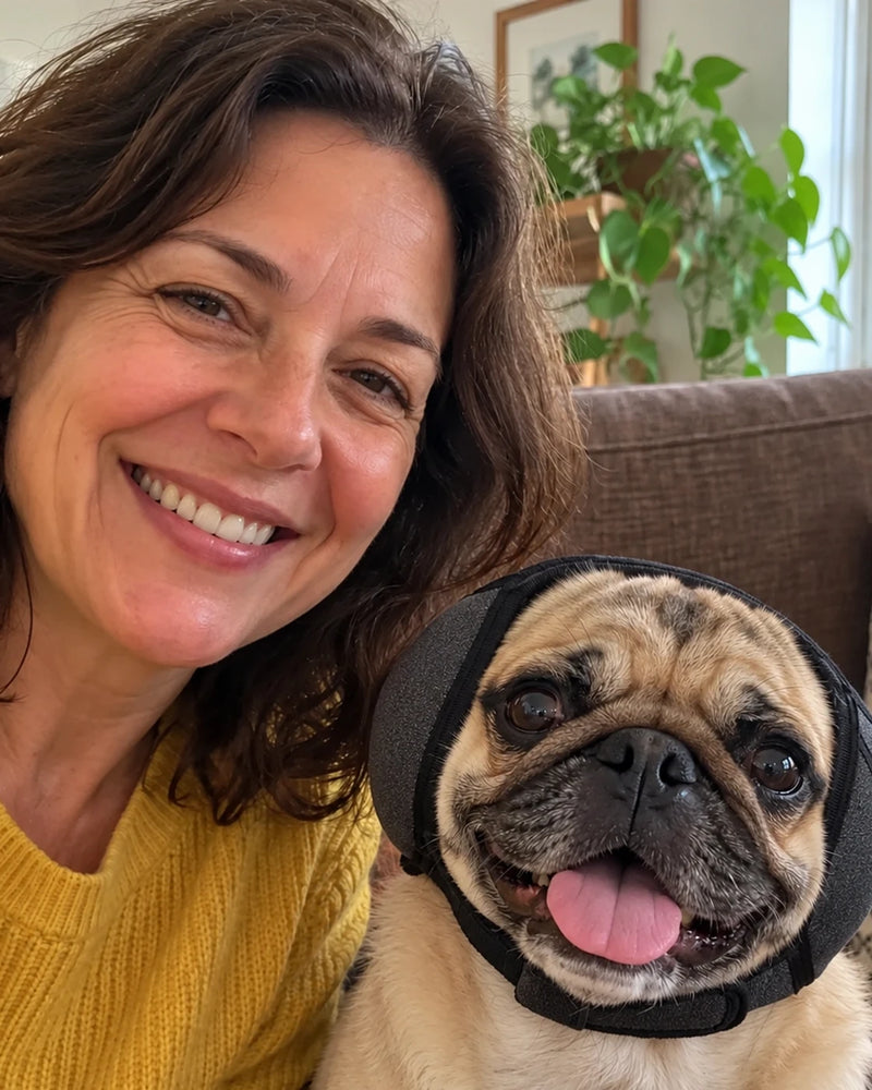 Selfie de una dueña con su pug y orejeras acolchadas