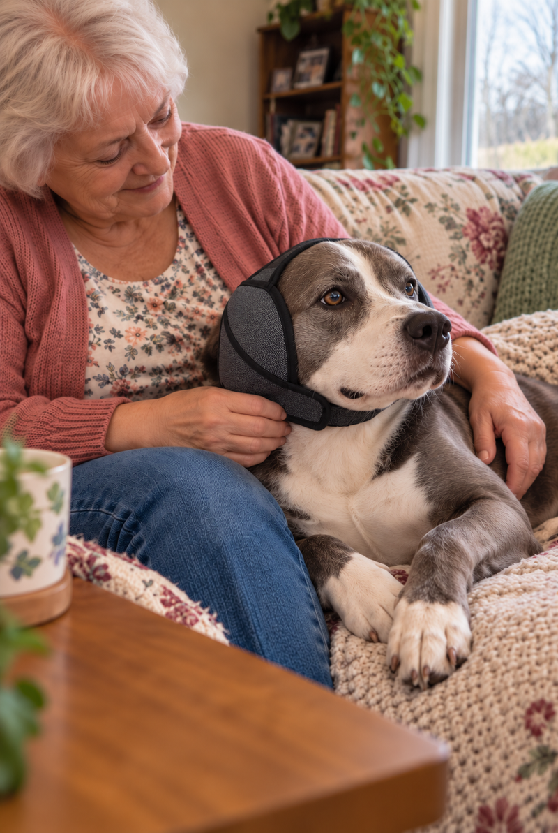 Señora mayor junto a un perro gris y blanco con orejeras CalmDoggy y boca cerrada, escena ilustrativa