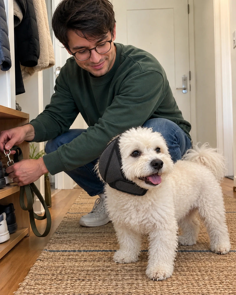 Perro blanco pequeño con orejeras junto a su dueño y sus accesorios